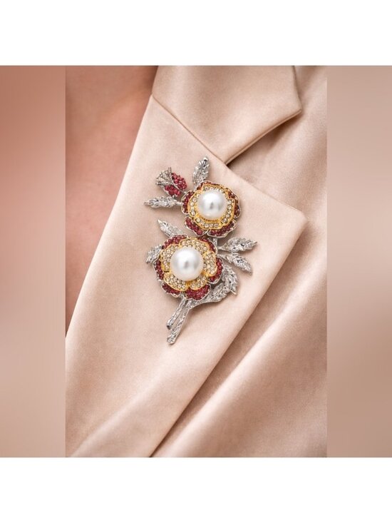 Anthropologie Jewelry - Elegant Silver Gold Floral Brooch with Pearls